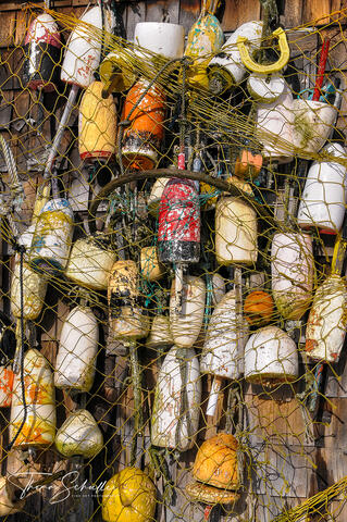 Colorful Collection of Buoys and Fishing Gear on a Weathered Maine Seaside Lobster Shack | Fine Art Nautical Prints For Sale