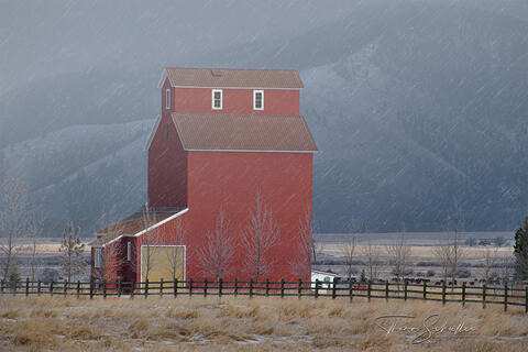 Classic Red Grain Elevator nestled along the foothills of the Scapegoat Wilderness in western Montana | high-end Fine Art landscapes of Big Sky Country 