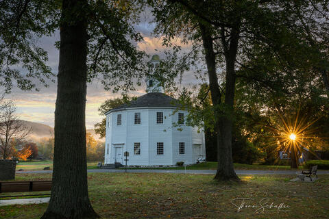 Historic icon in the quaint village of Richmond Vermont | The sixteen-sided Old Round Church photographed at sunrise on a beautiful Vermont morning 