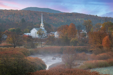 Classic view overlooking the idyllic hamlet of Stowe Vermont at dawn during peak fall foliage | Fine Art Prints of Vermont for sale