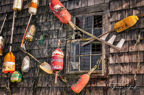 Intimate fine art landscape of a charming weathered seaside fishing shack adorned with colorful buoys | Nautical themed Limited Edition prints for sale