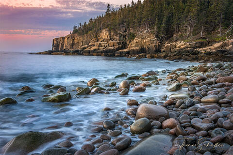 Rosy warm tones of light kiss the smooth round boulders of Boulder Beach and Otter Cliffs in Maine's Acadia National Park | Fine Art Nature seascape prints for 