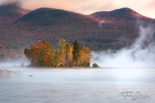 Pristine Vermont wilderness high-end fine art photography | steam mist rising off Lefferts pond at peak Fall foliage season | LUXURY EDITION 