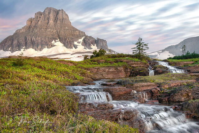 Luxurious Fine Art Montana nature prints | Reynolds Creek blazes an amazing series of cascades and falls through the meadows and snowfields of Logan Pass