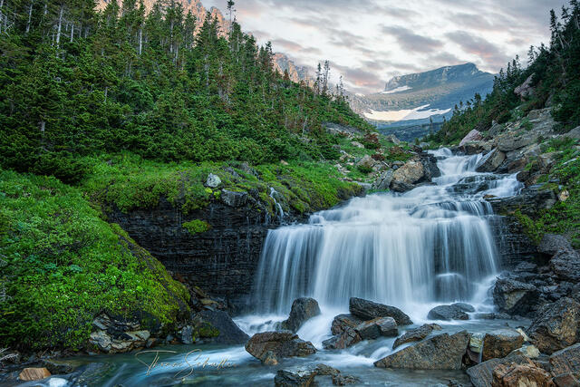 High-end Fine Art Nature Photography | Lunch Creek waterfalls from Glacier National Park Montana | Luxurious Limited Edition Prints for sale 