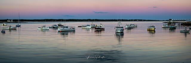 Tranquility at Prospect Harbor Maine at Dusk | Lobster Boats float on calming reflected hues of pink and blue - Limited Edition prints 