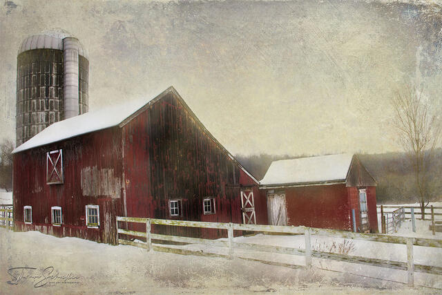 An artistic image depicting a historic red saltbox style barn in Connecticut's pastoral Litchfield Hills region | Connecticut Fine Art prints for sale