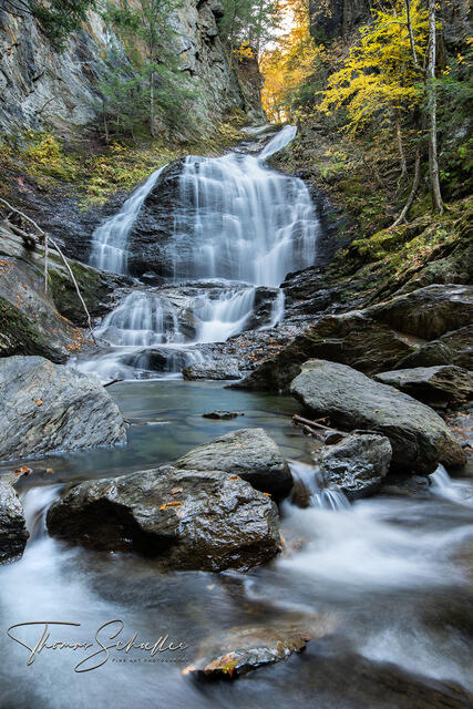 Stowe's Moss Glen is one of Vermont's prettiest waterfalls | Cascades tumble through a narrow gorge under a canopy of brilliant fall foliage | Vermont prints