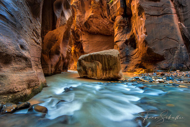 shimmering rapids and soft glowing light off sandstone cliffs deep within the virgin river narrows at Imlay Rock | Utah Luxury Art Edition Prints 