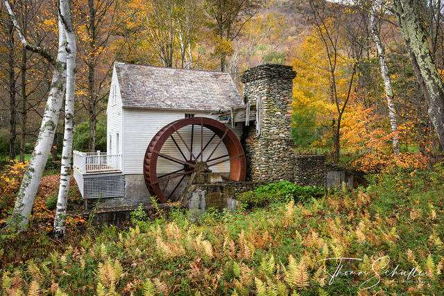 Charming rustic Dorsett Vermont Grist Mill in an enchanting setting during peak fall foliage | Limited Edition Fine Art Prints for sale 