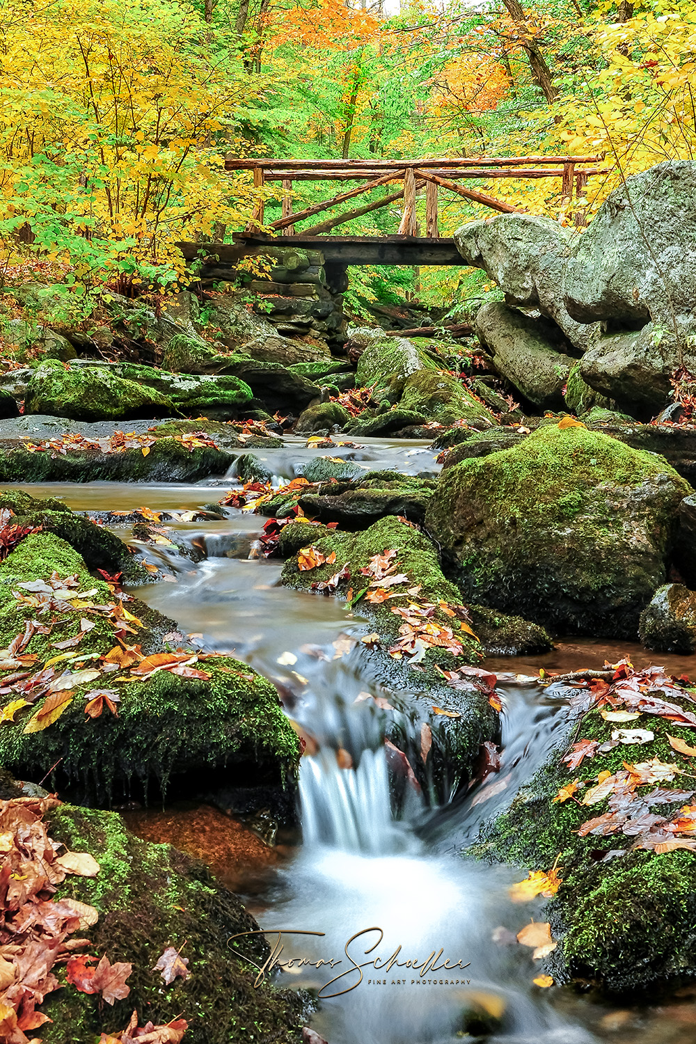 Connecticut Autumn Foliage Fine Art Photography Prints | Rustic Wooden Footbridge over Macedonia Brook Falls