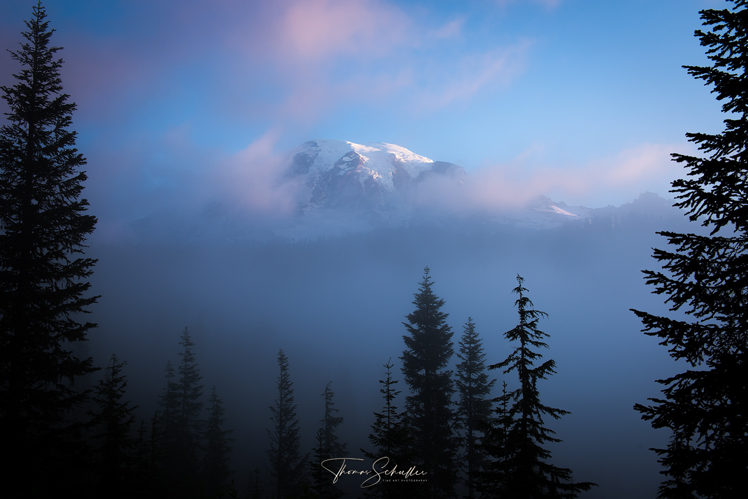 The majestic presence of Mt Rainier emerges through mist at sunrise | This Limited Edition Artwork captures the mood and drama of the Pacific Northwest 