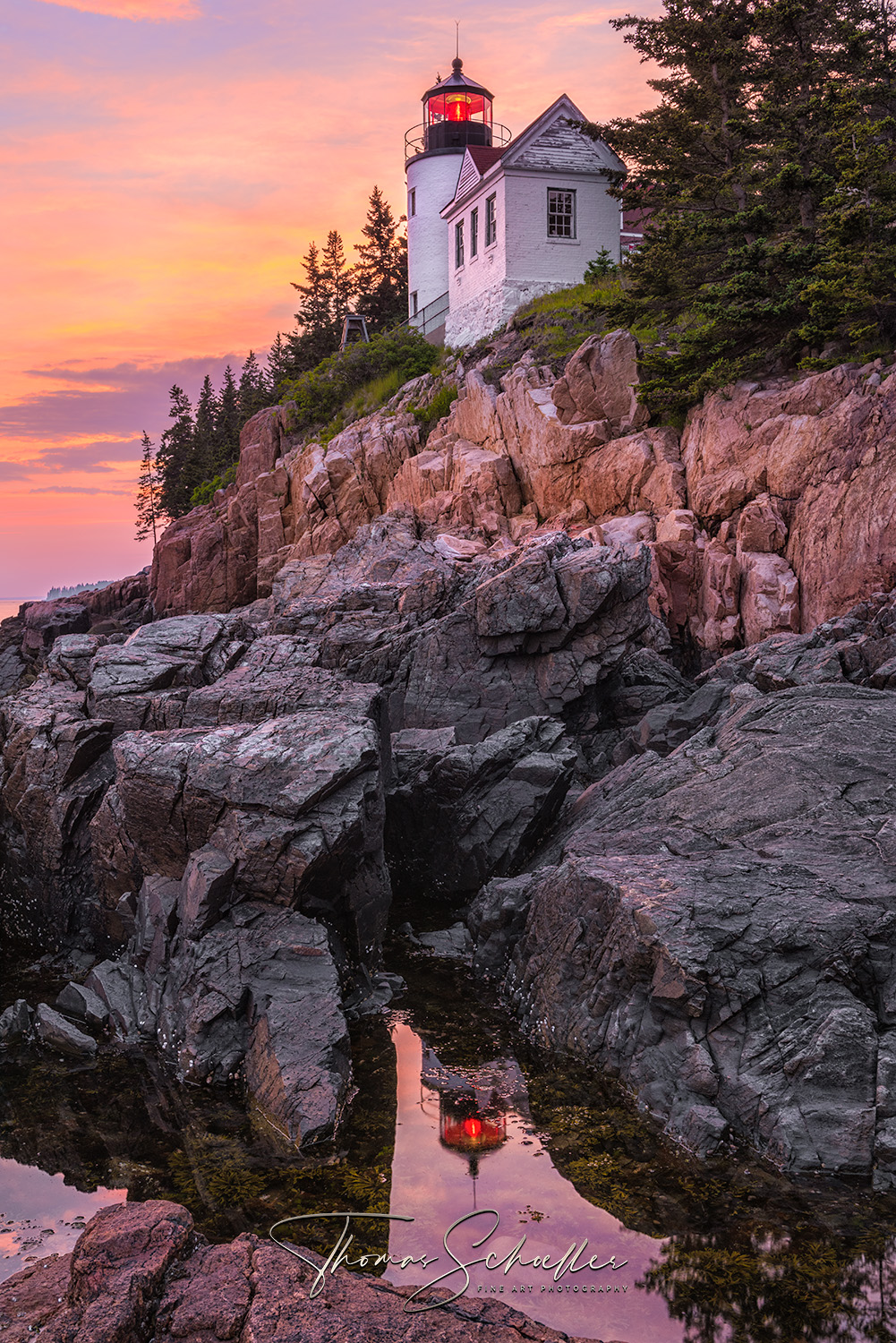 Coastal Maine Fine Art Photography Seascape Prints | Fiery Red Skies at the Bass Head Lighthouse 