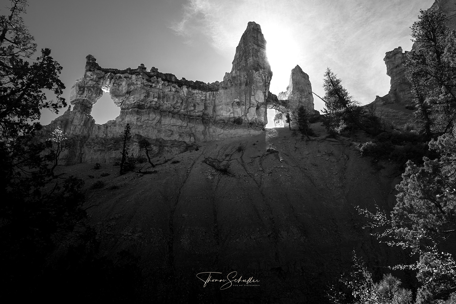 Bryce Canyon Limited Edition B&W Fine Art Photography | Tower Bridge Backlit By Late Afternoon Sun