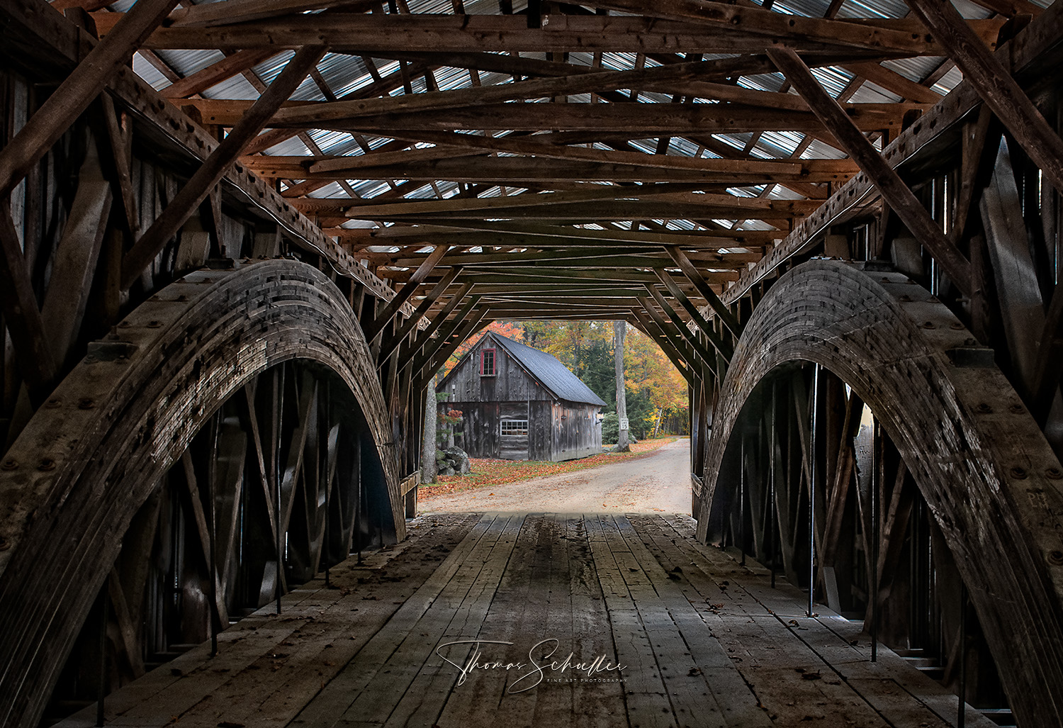Fantasy Artwork from Inside a Rustic New England Covered Bridge Looking Out at A Rustic Barn | Fine Art Photography Prints