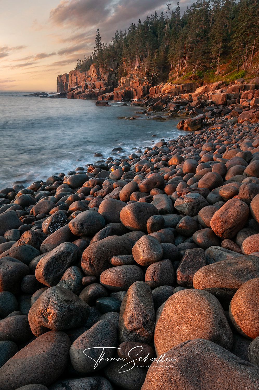 Coastal Maine Photographic Art Prints | Otter Cliffs from Boulder Beach - Rosy Sunrise Alpenglow Kisses the Seaside Boulders and Towering Cliffs