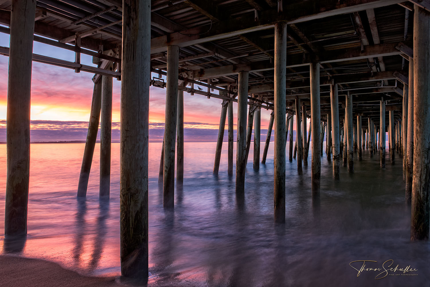 A Vivid Sunrise viewed from under the piers of Old Orchard Beach Maine | Limited Edition seascape fine art prints for sale