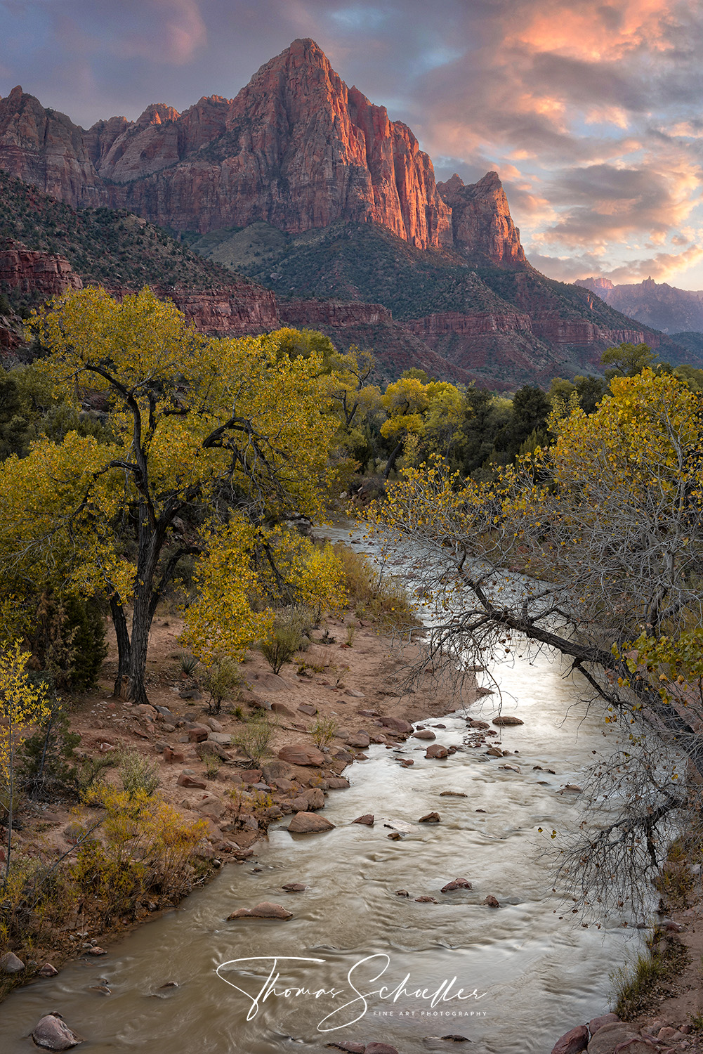 Zion National Park Limited Edition Autumn Photographic Art prints | The Watchman at Sunset towering over the Virgin River