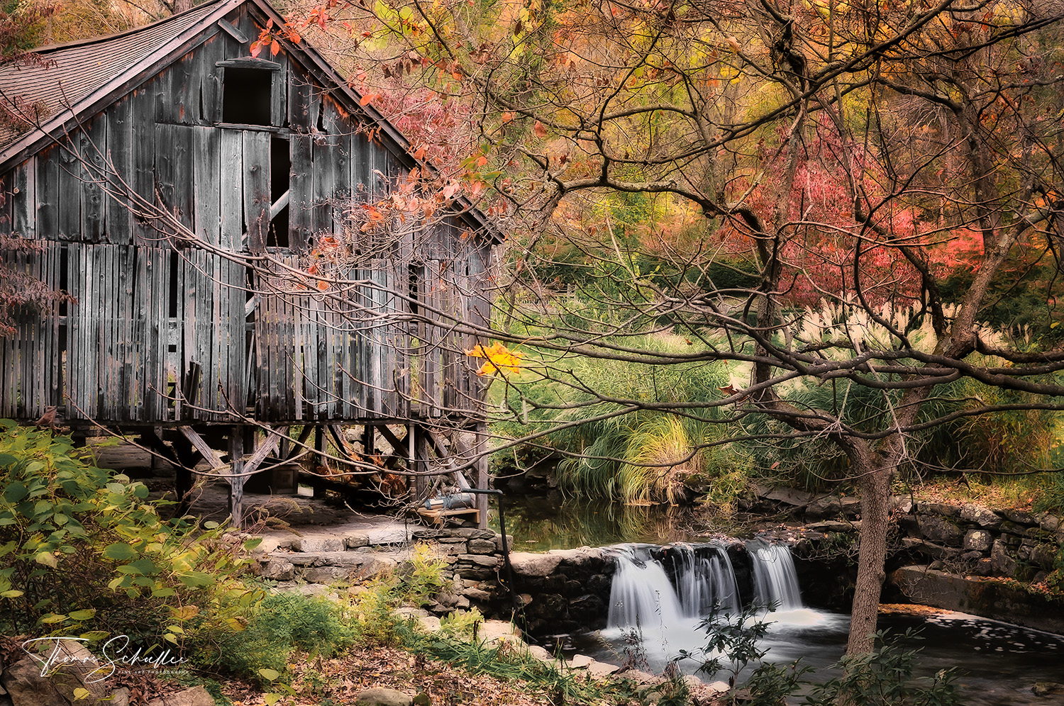 Litchfield Hills of CT Rustic Grist Mill Artwork Prints For sale | Painterly Autumn Scene in Kent by Thom Schoeller - Fine Art America alternatives